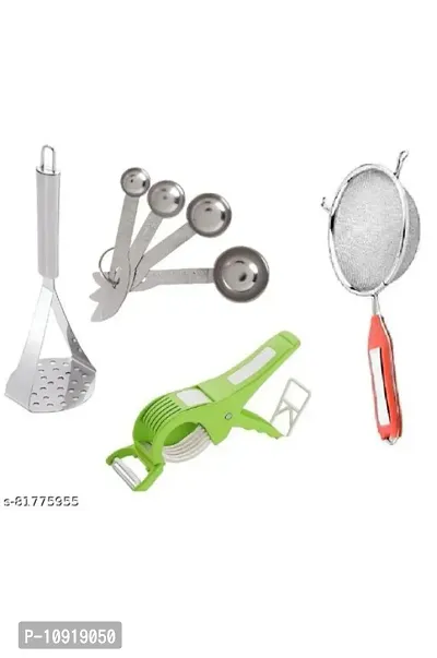 Kitchen Combo Set Of Stainless Steel Potato Vegetable Pav Bhaji Masher With Stainless Steel Measuring Spoon Set And Ss Soup Strainer  Plastic Multipurpose 2 In 1 Veg Cutter Cum Peeler(Pack Of 4 Pcs)-thumb0