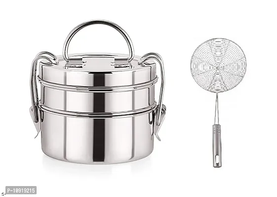 2 Container Stainless Steel Lunch Box With Stainless Steel Deep Fry Jhara(Pack Of 2 Pcs)