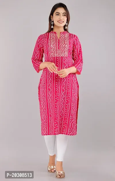 Kurti for Woman Rayon Bandhani Printed Kurti , Mandarin Neck With Sitara Work | Fabric-Rayon |Print- Bandhani Color Not Come Out After Wash | Neck- Mandarin |