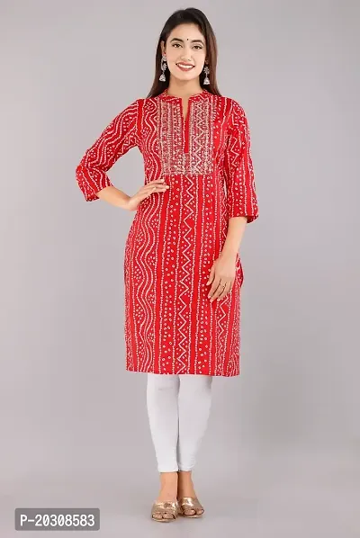 Kurti for Woman Rayon Bandhani Printed Kurti , Mandarin Neck With Sitara Work | Fabric-Rayon |Print- Bandhani Color Not Come Out After Wash | Neck- Mandarin |-thumb0