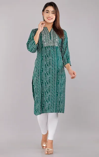 Kurti for Woman Rayon Bandhani Kurti , Mandarin Neck With Sitara Work | Fabric-Rayon |Print- Bandhani Color Not Come Out After Wash | Neck- Mandarin |