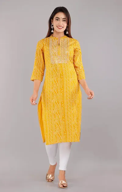 Kurti for Woman Rayon Bandhani Kurti , Mandarin Neck With Sitara Work | Fabric-Rayon |Print- Bandhani Color Not Come Out After Wash | Neck- Mandarin |