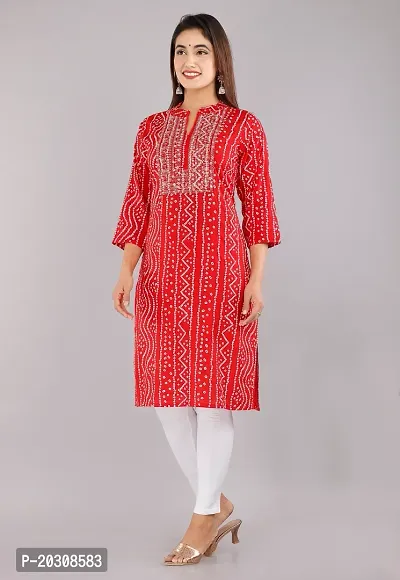 Kurti for Woman Rayon Bandhani Printed Kurti , Mandarin Neck With Sitara Work | Fabric-Rayon |Print- Bandhani Color Not Come Out After Wash | Neck- Mandarin |-thumb4