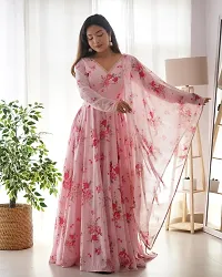 Pink Floral Printed Georgette A-Line Gown Dress With Dupatta-thumb3