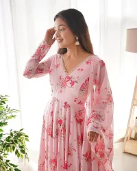 Pink Floral Printed Georgette A-Line Gown Dress With Dupatta-thumb1