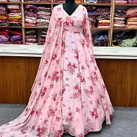 Pink Floral Printed Georgette A-Line Gown Dress With Dupatta-thumb2