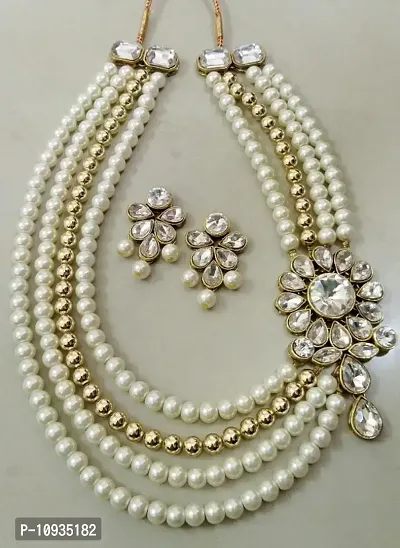 Trendy Alloy 4 Layer Pearl Kundan Necklace Set For Women
