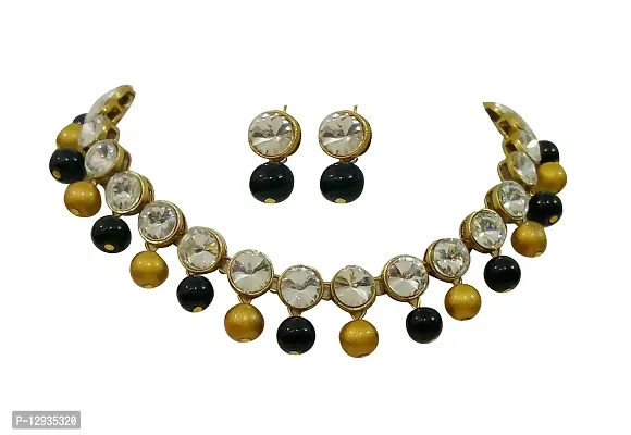 JN HANDICRAFT? Golden and Black Beads Kundan Stone Studded Necklace Set for Women/Girls