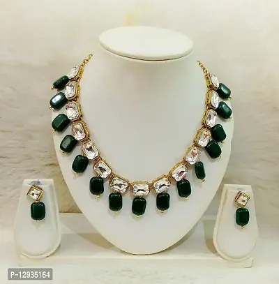 JN HANDICRAFT™ Green Square Pearl Kundan Necklace for Women - Pearl-thumb2