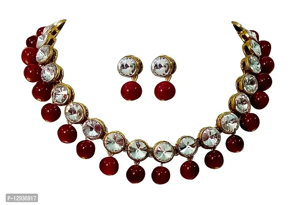 JN HANDICRAFT? Maroon Beads Kundan Stone Studded Necklace Set for Women/Girls-thumb0