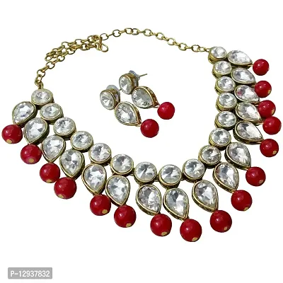 JN HANDICRAFT™ Women's Kundan Fancy Necklace Set Traditional Jewellery Set with Earrings (Red)-thumb0