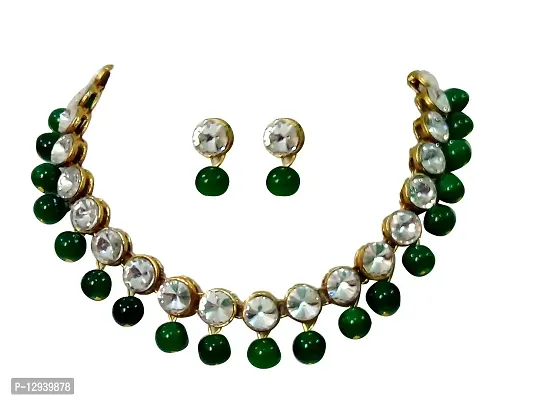 Jn Handicraft White Beads Kundan Stone Studded Necklace Set For Women/Girls - Green