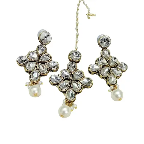 JN HANDICRAFT? Women Oval Crystal's Brass Rhodium Plated Earrings Stud (Off White)