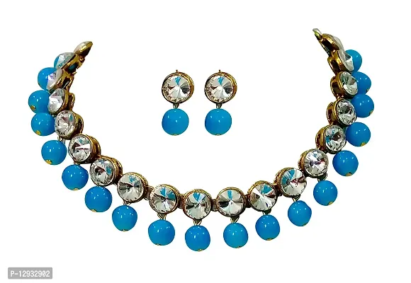 Jn Handicraft Blue Beads Kundan Stone Studded Necklace Set For Women/Girls - Firozi