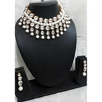 JN HANDICRAFT Glass Base Metal and Pearl Choker Necklace & Earrings Set for Women & Girls (White)-thumb2