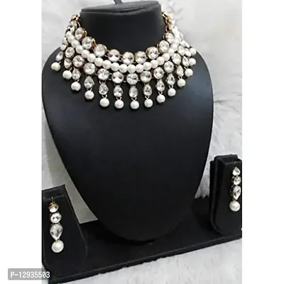 JN HANDICRAFT Glass Base Metal and Pearl Choker Necklace & Earrings Set for Women & Girls (White)-thumb3