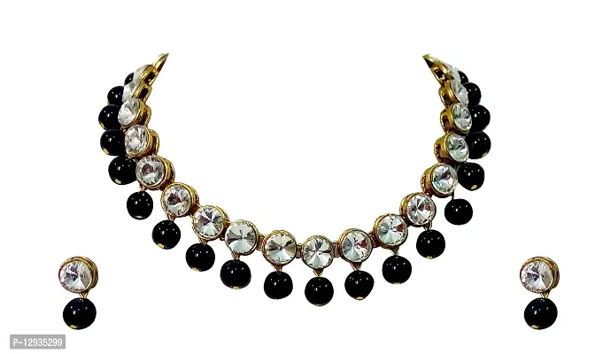 JN HANDICRAFT? Black Beads Kundan Stone Studded Necklace Set for Women/Girls-thumb3