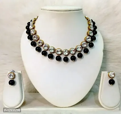 JN HANDICRAFT? Black Beads Kundan Stone Studded Necklace Set for Women/Girls-thumb2