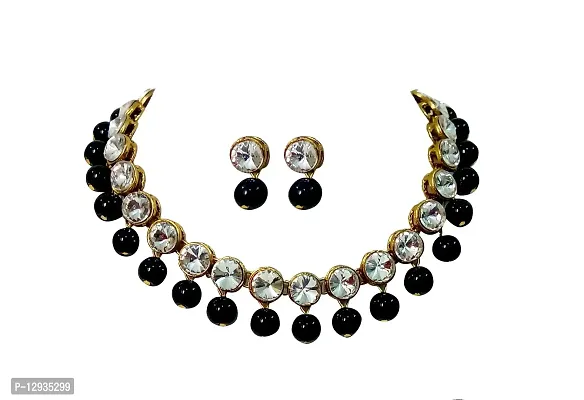 JN HANDICRAFT? Black Beads Kundan Stone Studded Necklace Set for Women/Girls