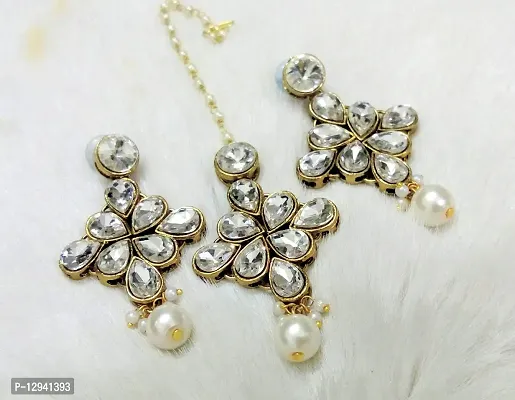 JN HANDICRAFT? Women Oval Crystal's Brass Rhodium Plated Earrings Stud (Off White)-thumb3