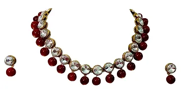 JN HANDICRAFT? Maroon Beads Kundan Stone Studded Necklace Set for Women/Girls-thumb2