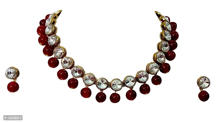 JN HANDICRAFT? Maroon Beads Kundan Stone Studded Necklace Set for Women/Girls-thumb3