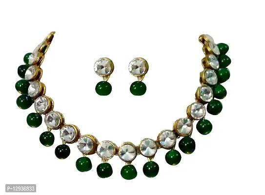 JN HANDICRAFT™ Green Beads Kundan Stone Studded Necklace Set for Women/Girls