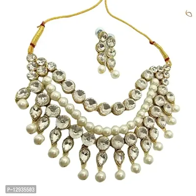 JN HANDICRAFT Glass Base Metal and Pearl Choker Necklace & Earrings Set for Women & Girls (White)