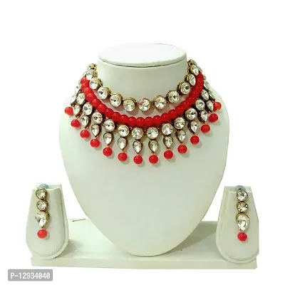 JN HANDICRAFT Glass Base Metal and Pearl Choker Necklace & Earrings Set for Women & Girls (Red)-thumb0