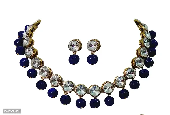 Jn Handicraft White Beads Kundan Stone Studded Necklace Set For Women/Girls - Blue