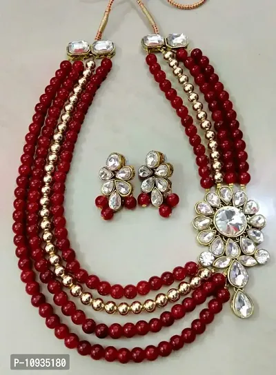 Trendy Alloy 4 Layer Pearl Kundan Necklace Set For Women-thumb0