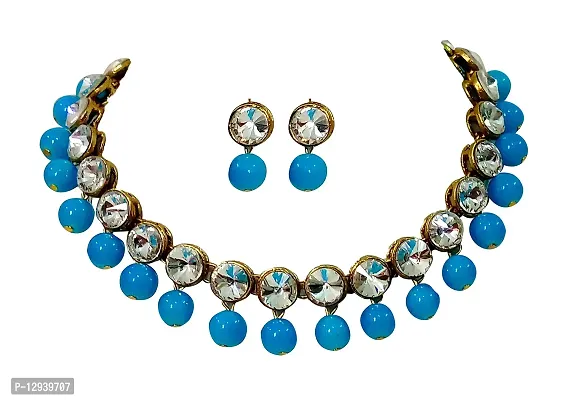 JN HANDICRAFT™ Firozi Beads Kundan Stone Studded Necklace Set for Women/Girls