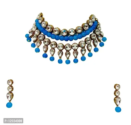 JN HANDICRAFT Glass Base Metal and Pearl Choker Necklace & Earrings Set for Women & Girls (Firozi)