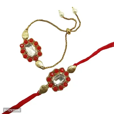 JN HANDICRAFT? Gold Non-Precious Metal Kundan Couple Rakhi for Men and Women/Rakhi for Brother and Bhabhi (RK-102-R)-thumb0