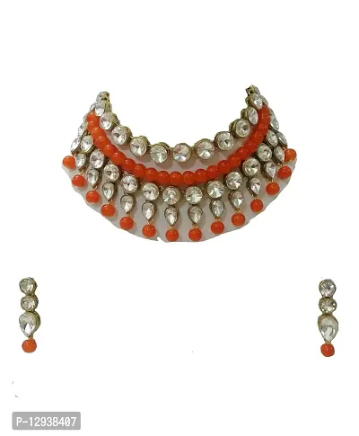JN HANDICRAFT Glass Base Metal and Pearl Choker Necklace & Earrings Set for Women & Girls (Orange)