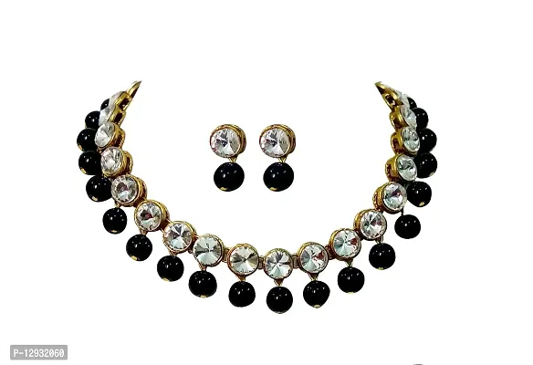 JN HANDICRAFT� Black Beads Kundan Stone Studded Necklace Set for Women/Girls