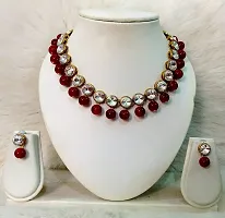 JN HANDICRAFT? Maroon Beads Kundan Stone Studded Necklace Set for Women/Girls-thumb1