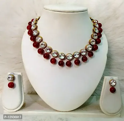JN HANDICRAFT? Maroon Beads Kundan Stone Studded Necklace Set for Women/Girls-thumb2