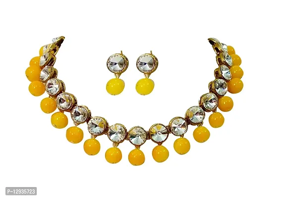Jn Handicraft White Beads Kundan Stone Studded Necklace Set For Women/Girls - Yellow
