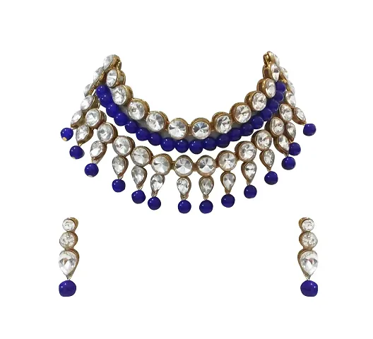 JN HANDICRAFT Glass Base Metal and Pearl Choker Necklace & Earrings Set for Women & Girls (Firozi)