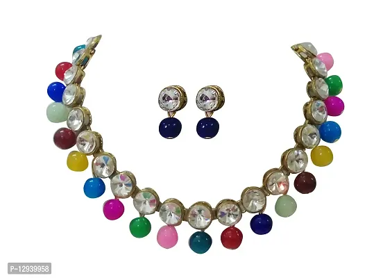 Jn Handicraft White Beads Kundan Stone Studded Necklace Set For Women/Girls - Multi