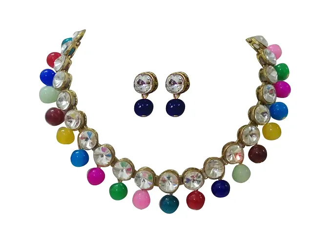 JN HANDICRAFT? White Beads Kundan Stone Studded Necklace Set for Women/Girls