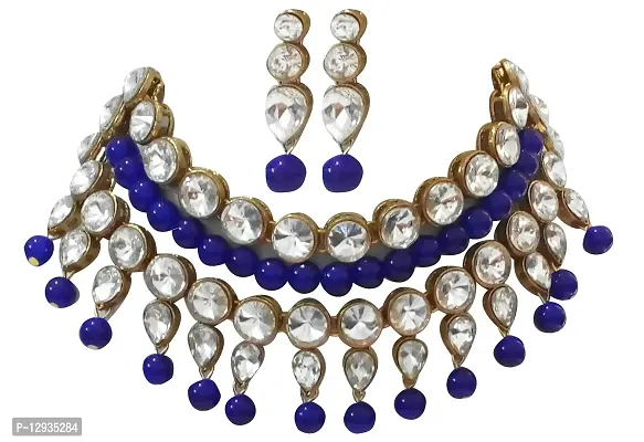 JN HANDICRAFT Glass Base Metal and Pearl Choker Necklace & Earrings Set for Women & Girls (Blue)