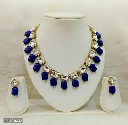 JN HANDICRAFT Glass Kundan Blue Square Pearl Necklace for Women-thumb2