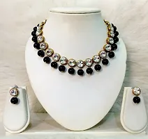 Jn Handicraft White Beads Kundan Stone Studded Necklace Set For Women/Girls - Black-thumb1