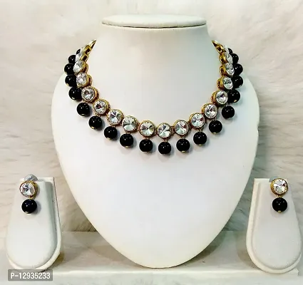 Jn Handicraft White Beads Kundan Stone Studded Necklace Set For Women/Girls - Black-thumb2
