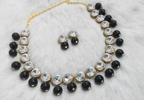 Jn Handicraft White Beads Kundan Stone Studded Necklace Set For Women/Girls - Black-thumb2