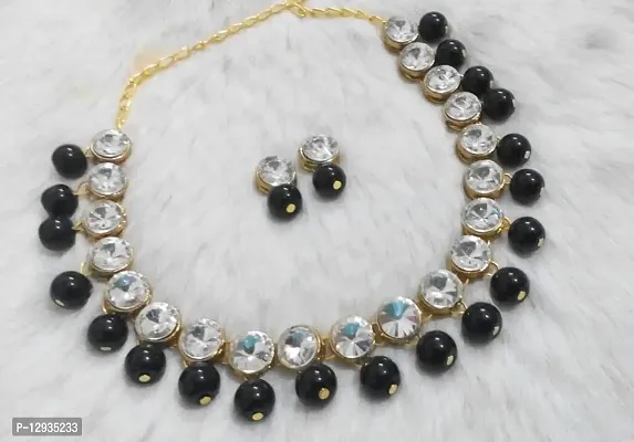 Jn Handicraft White Beads Kundan Stone Studded Necklace Set For Women/Girls - Black-thumb3