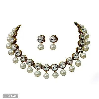 JN HANDICRAFT™ White Beads Kundan Stone Studded Necklace Set for Women/Girls - White
