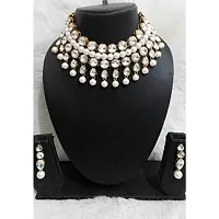 JN HANDICRAFT Glass Base Metal and Pearl Choker Necklace & Earrings Set for Women & Girls (White)-thumb1